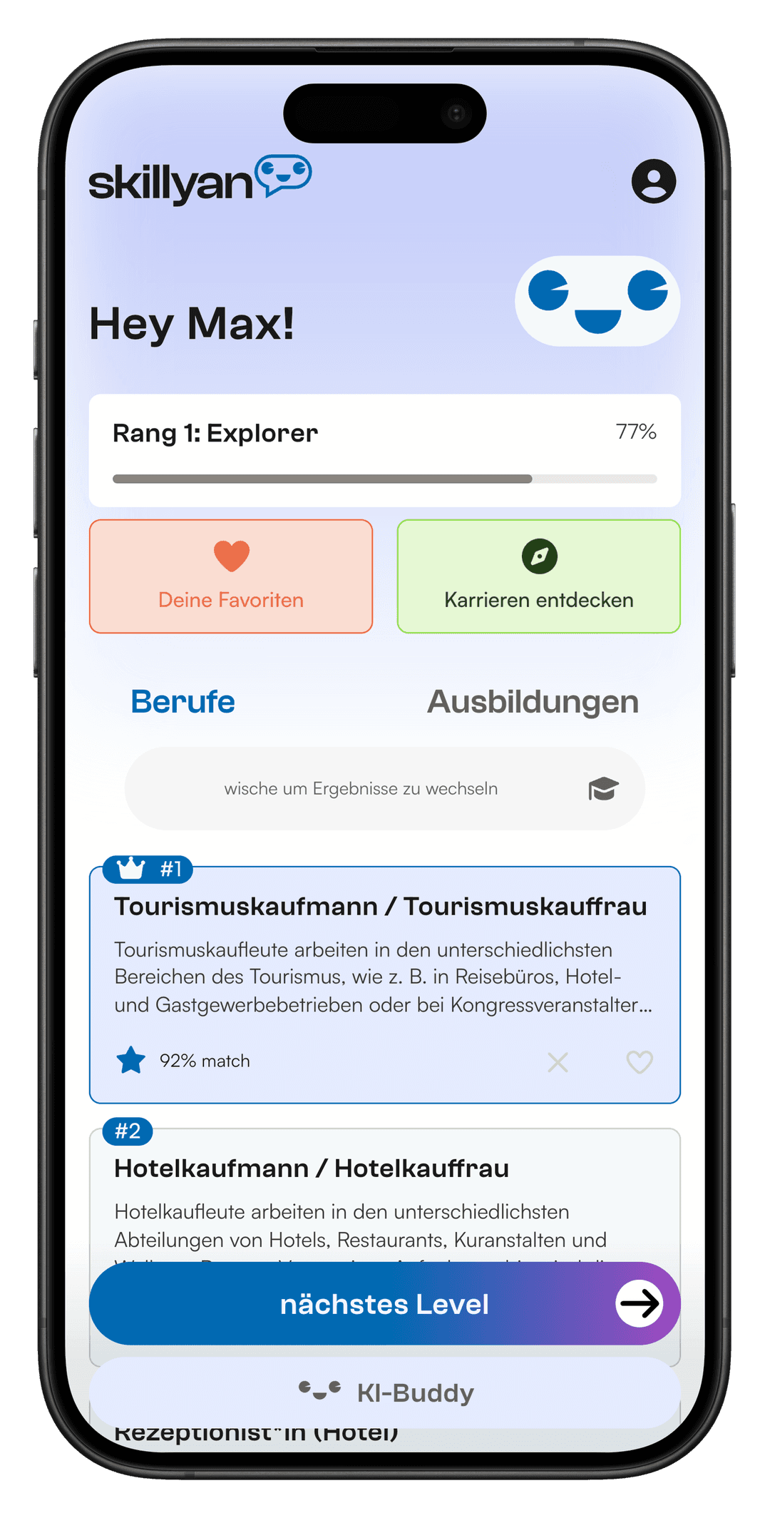 Vorschau der Skillyan-App: Dashboard mit Rang, Favoriten und passenden Berufen