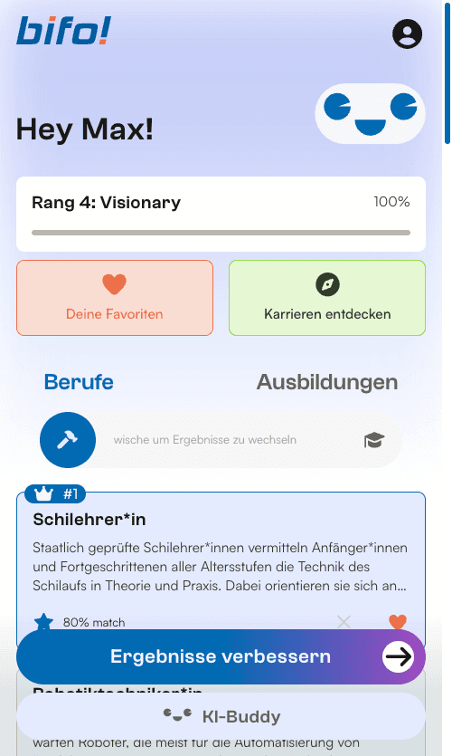 Vorschau der Skillyan-App: Dashboard mit Rang, Favoriten und passenden Berufen
